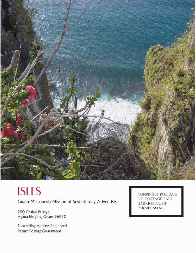 Isles, Spring 2003, Special Issue, The Resurrection of the (1908) Chamorro Bible, Back Cover Photo. Location: Two Lovers Point, Tumon Bay, Guam, USA; Photographer: Michael A. Bascom, Accountant (2001-2003), Guam Adventist Academy