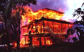 3. House on Fire Caused by Lava Flow in Kalapana, April 22, 1990. Kilauea Volcano, Hawai`i, State of Hawaii, USA. Photo Credit: J. D. Griggs, U.S. Photo Gallery of Hawaiian Volcanism (http://hvo.wr.usgs.gov/gallery), USGS Hawaiian Volcano Observatory (http://hvo.wr.usgs.gov), United States Geological Survey (USGS, http://www.usgs.gov), United States Department of the Interior (http://www.doi.gov), Government of the United States of America (USA).