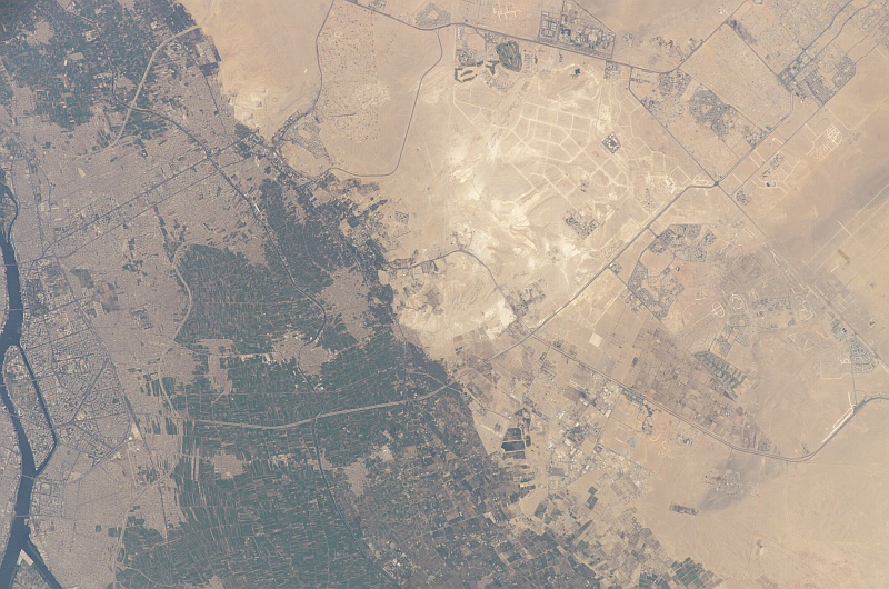 9. Cairo, The Nile River, The Great Pyramids and El Giza, May 27, 2005, Jumhuriyat Misr al-Arabiyah - Arab Republic of Egypt, As Seen From the International Space Station (Expedition 11). Photo Credit: NASA; ISS011-E-7288, Nile river, Cairo, The Great Pyramids, El Giza, International Space Station (Expedition Eleven); Image Science and Analysis Laboratory, NASA-Johnson Space Center. 'Astronaut Photography of Earth - Display Record.' <http://eol.jsc.nasa.gov/scripts/sseop/photo.pl?mission=ISS011&roll=E&frame=7288>; National Aeronautics and Space Administration (NASA, http://www.nasa.gov), Government of the United States of America (USA).