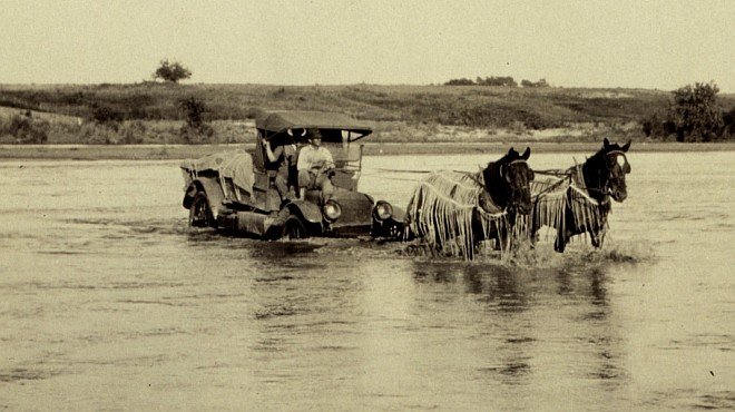 Horse Power Pulls the Automobile Carrying E. O. Heaton's Triangulation Party Across the Red River, 1921. Near Granite, State of Oklahoma, USA. Photo Credit: C&GS Season's Report Heaton 1921, NOAA Central Library, National Oceanic and Atmospheric Administration Photo Library (http://www.photolib.noaa.gov, theb0845), Historic C&GS Collection, National Oceanic and Atmospheric Administration (NOAA, http://www.noaa.gov), United States Department of Commerce (http://www.commerce.gov), Government of the United States of America (USA).