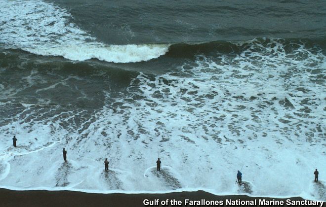 Six Fishermen Fishing in the Pacific Ocean (at Ocean Beach, San Francisco, California). Gulf of the Farallones National Marine Sanctuary, State of California, USA. Photo Credit: Photo Gallery - Gulf of the Farallones - People in the Sanctuary (http://sanctuaries.noaa.gov/pgallery/pgfarallones/human/gof_human.html, 'Fishermen stand in the surf at Ocean Beach in San Francisco to bring home the bounty.'), Gulf of the Farallones National Marine Sanctuary (http://farallones.noaa.gov), NOAA's National Ocean Service (NOS, http://www.nos.noaa.gov), National Oceanic and Atmospheric Administration (NOAA, http://www.noaa.gov), United States Department of Commerce (http://www.commerce.gov), Government of the United States of America (USA).