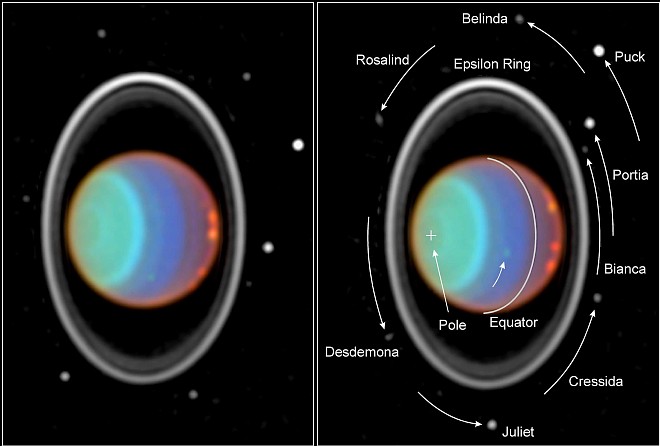 Near-Infrared Photographs of the Planet Uranus Surrounded by Rings and Many Moons, July 28,1997. Photo Credit: Hubble Tracks Clouds On Uranus, July 28,1997, STScI-1997-36, NASA's Earth-orbiting Hubble Space Telescope; Erich Karkoschka (University of Arizona, USA, http://www.arizona.edu), National Aeronautics and Space Administration (NASA, http://www.nasa.gov), Government of the United States of America (USA).
