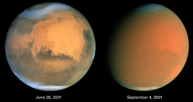 On June 26, 2001 (left) two local storms brew in different locations on the planet Mars (oval at the 4 o'clock position and at the northern polar cap). By September 4, 2001 (right) the storms are one spectacular global dust storm, engulfing and raging across the entire planet. Photo Credit: Scientists Track 'Perfect Storm' on Mars, June 26, 2001 and September 4, 2001 (Released: October 11, 2001), STScI-2001-31, NASA's Earth-orbiting Hubble Space Telescope; James Bell (Cornell University, USA, http://www.cornell.edu), Michael Wolff (Space Science Institute, http://ciclops.org), The Hubble Heritage Team (AURA/STScI, http://HubbleSite.org), National Aeronautics and Space Administration (NASA, http://www.nasa.gov), Government of the United States of America (USA).