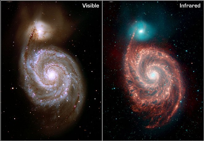 The Gorgeous Whirlpool Galaxy (named M51, Rosse's Galaxy, or NGC 5194) and Its Companion Galaxy (named M52 or NGC 5195) Photographed in Visible Light (left, Kitt Peak National Observatory 2.1m Telescope) and the Invisible Infrared Light (right, Spitzer Space Telescope). Photo Credit: First Peek at Spitzer's Legacy: Mysterious Whirlpool Galaxy, ssc2004-19, NASA's Spitzer Space Telescope (http://www.spitzer.caltech.edu); JPL-Caltech, R. Kennicutt (University of Arizona, USA), DSS, National Aeronautics and Space Administration (NASA, http://www.nasa.gov), Government of the United States of America (USA).