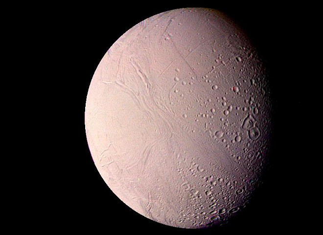 Sunlight Abundantly Reflects Off the Surface of Enceladus, a Saturn Moon and One of the Most Reflective Bodies in the Solar System. Photo Credit: Voyager Mission (http://voyager.jpl.nasa.gov), Voyager 2, August 25, 1981; Planetary Photojournal (http://photojournal.jpl.nasa.gov, PIA01394), National Aeronautics and Space Administration (NASA, http://www.nasa.gov)/Jet Propulsion Laboratory (JPL, http://www.jpl.nasa.gov), Government of the United States of America.