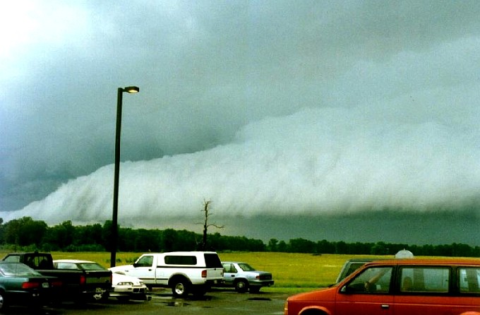 The Shelf Cloud Approaches the Sterling National Weather Service Forecast Office, June 18, 1997. Sterling, Commonwealth of Virginia, USA. Photo Credit: National Weather Service Forecast Office Washington, D.C.; National Oceanic and Atmospheric Administration Photo Library (http://www.photolib.noaa.gov, noaa6122), NOAA's Online World Collection, National Oceanic and Atmospheric Administration (NOAA, http://www.noaa.gov), United States Department of Commerce (http://www.commerce.gov), Government of the United States of America (USA).