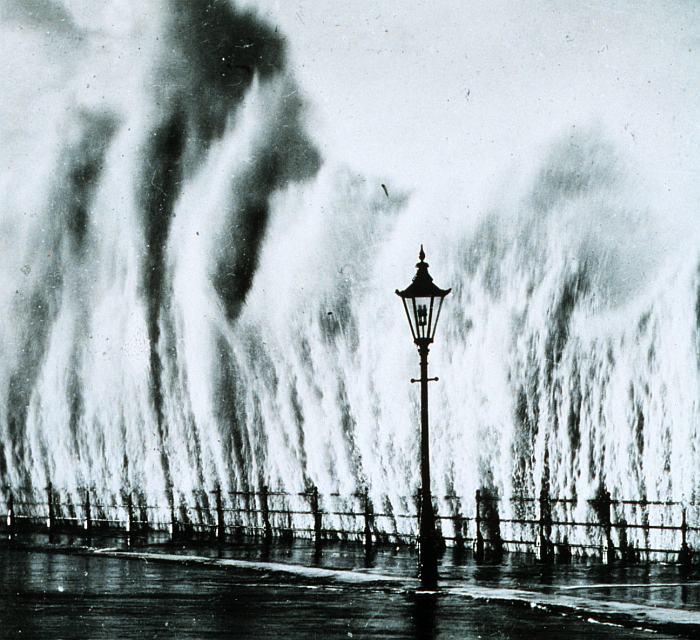 As Waves Smash Into This New England Coastal Seawall in 1938, They Have the Appearance of a Curtain-of-Water or the Simultaneous Eruption of Many Geysers. Photo Credit: NOAA Central Library, National Oceanic and Atmospheric Administration Photo Library (http://www.photolib.noaa.gov, wea00412), Historic NWS Collection, National Oceanic and Atmospheric Administration (NOAA, http://www.noaa.gov), United States Department of Commerce (http://www.commerce.gov), Government of the United States of America (USA).