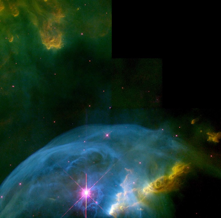 NGC 7635, the Bubble Nebula. Photo Credit: An Expanding Bubble in Space, October and November 1997 and April 1999 (Release date: January 13, 2000), STScI-2000-04, NASA's Earth-orbiting Hubble Space Telescope (http://HubbleSite.org); Donald Walter (South Carolina State University, USA), Paul Scowen and Brian Moore (Arizona State University, USA), National Aeronautics and Space Administration (NASA, http://www.nasa.gov), Government of the United States of America (USA). Research Team: Donald Walter (South Carolina State University, USA), Paul Scowen, Jeff Hester, Brian Moore (Arizona State University, USA), Reggie Dufour, Patrick Hartigan and Brent Buckalew (Rice University, USA).