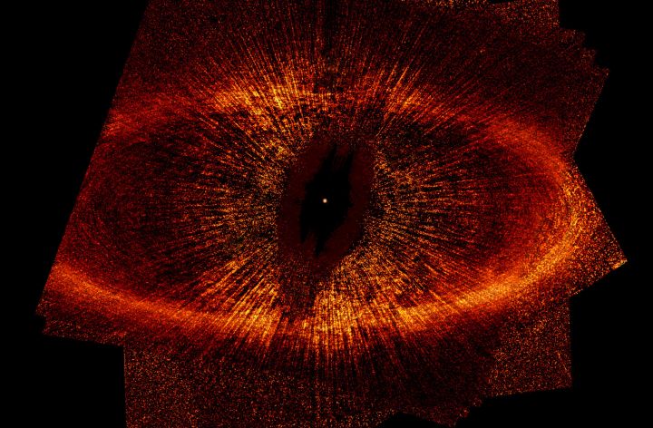 Surrounding the Bright Star Fomalhaut, or Alpha Piscis Austrini (HD 216956), is an Enormous Dust Ring Approximately 26 Billion Miles (42 Billion Kilometers, 280AU) in Diameter. Photo Credit: Debris Ring Around a Star, May 2004, August 2004, and October 2004 (Release date: June 22, 2005), STScI-2005-10, NASA's Earth-orbiting Hubble Space Telescope (http://HubbleSite.org); European Space Agency (ESA, http://SpaceTelescope.org), P. Kalas and J. Graham (University of California, Berkeley, State of California), and M. Clampin (NASA's Goddard Space Flight Center), and National Aeronautics and Space Administration (NASA, http://www.nasa.gov), Government of the United States of America (USA).