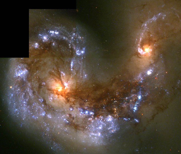 The Antennae Galaxies -- Twin Galaxies NGC 4038 and NGC 4039. Photo Credit: Hubble Reveals Stellar Fireworks Accompanying Galaxy Collisions, January 20, 1996 (Release date: October 21, 1997), STScI-1997-34, NASA's Earth-orbiting Hubble Space Telescope (http://HubbleSite.org); Brad Whitmore (STScI), National Aeronautics and Space Administration (NASA, http://www.nasa.gov), Government of the United States of America (USA).