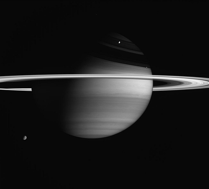 Splendid Portrait of Saturn and Its Majestic Rings With the Planet's Three Largest and Brightest Moons: Titan, Rhea, and Enceladus. Photo Credit: Cassini-Huygens Mission (http://saturn.jpl.nasa.gov), Cassini Orbiter, February 5, 2005; Planetary Photojournal (http://photojournal.jpl.nasa.gov, PIA06604), National Aeronautics and Space Administration (NASA, http://www.nasa.gov)/Jet Propulsion Laboratory (JPL, http://www.jpl.nasa.gov)/Space Science Institute (http://ciclops.org), Government of the United States of America.