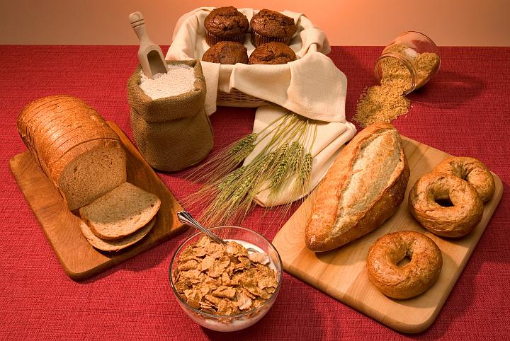 Nutritious Food: Bran Muffins, Brown Rice, Whole-Wheat Loaf Bread, Whole-Wheat Bagels, Whole-Grain Cereal, Whole-Wheat Sliced Bread, and Whole-Wheat Flour. Photo Credit (Full size): Stephen Ausmus (http://www.ars.usda.gov/is/graphics/photos, D001-1), Agricultural Research Service (ARS, http://www.ars.usda.gov), United States Department of Agriculture (USDA, http://www.usda.gov), Government of the United States of America (USA).