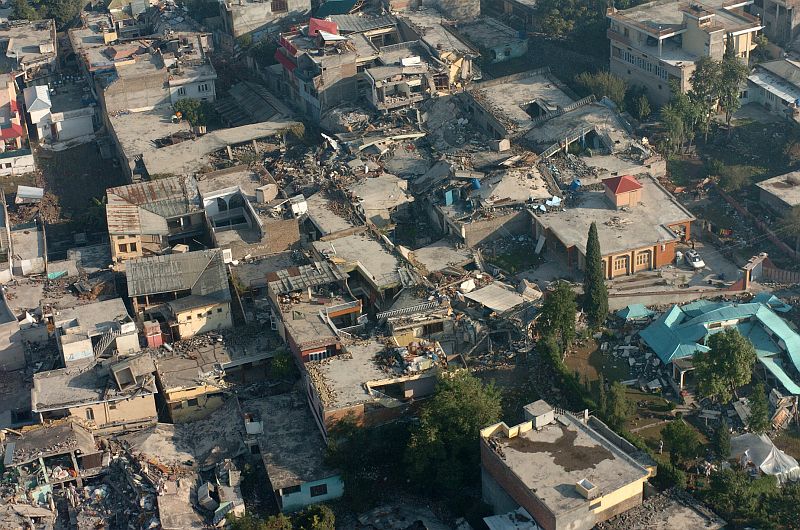 A sobering aerial view of the extensive devastation and destruction in the city of Muzafarabad caused by the October 8th, 2005 earthquake that shook the region. October 13, 2005, Muzafarabad, Islamic Republic of Pakistan. Photo Credit: Photographer's Mate 2nd Class Timothy Smith, Navy NewsStand - Eye on the Fleet Photo Gallery (http://www.news.navy.mil/view_photos.asp, 051013-N-8796S-110), United States Navy (USN, http://www.navy.mil), United States Department of Defense (DoD, http://www.DefenseLink.mil or http://www.dod.gov), Government of the United States of America (USA).