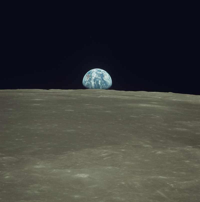 27. Earth Rising Over the Moon's Horizon, July 20, 1969, As Seen From the NASA Apollo 11 Spacecraft. Photo Credit: NASA; AS11-44-6549, Earthrise over the lunar limb, Moon surface, Apollo 11 Spacecraft, Apollo XI Mission; Image Science and Analysis Laboratory, NASA-Johnson Space Center. 'Astronaut Photography of Earth - Display Record.' <http://eol.jsc.nasa.gov/scripts/sseop/photo.pl?mission=AS11&roll=44&frame=6549>; National Aeronautics and Space Administration (NASA, http://www.nasa.gov), Government of the United States of America (USA).