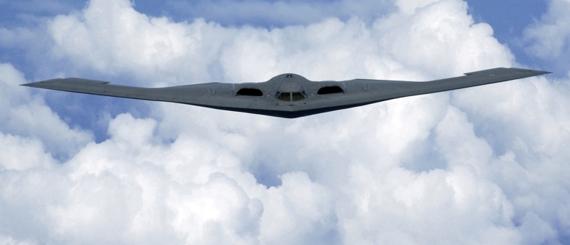 43. U.S. Air Force B-2 Spirit Stealth Bomber Flying Over the Pacfic Ocean, May 2, 2005. Tech. Sgt. Cecilio Ricardo, United States Air Force; Defense Visual Information (DVI, http://www.DefenseImagery.mil, DF-SD-08-04415 and 050502-F-MJ260-005) and United States Air Force (USAF, http://www.af.mil), United States Department of Defense (DoD, http://www.DefenseLink.mil or http://www.dod.gov), Government of the United States of America (USA).