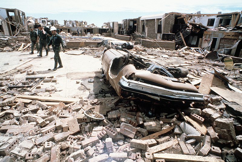 1. "The Red River Valley Tornado Outbreak of April 10, 1979" (http://web.archive.org/web/20061008140433/www.srh.noaa.gov/oun/wxevents/19790410/): Searching for survivors in the wreakage of an apartment complex blown apart, completely destroyed by a powerful tornado. April 11, 1979 (photo date), Wichita Falls, State of Texas, USA. Photo Credit: Master Sgt. Paul J. Harrington, United States Air Force; Defense Visual Information (DVI, http://www.DefenseImagery.mil, DF-ST-84-08220 and DFST8408220) and United States Air Force (USAF, http://www.af.mil), United States Department of Defense (DoD, http://www.DefenseLink.mil or http://www.dod.gov), Government of the United States of America (USA).