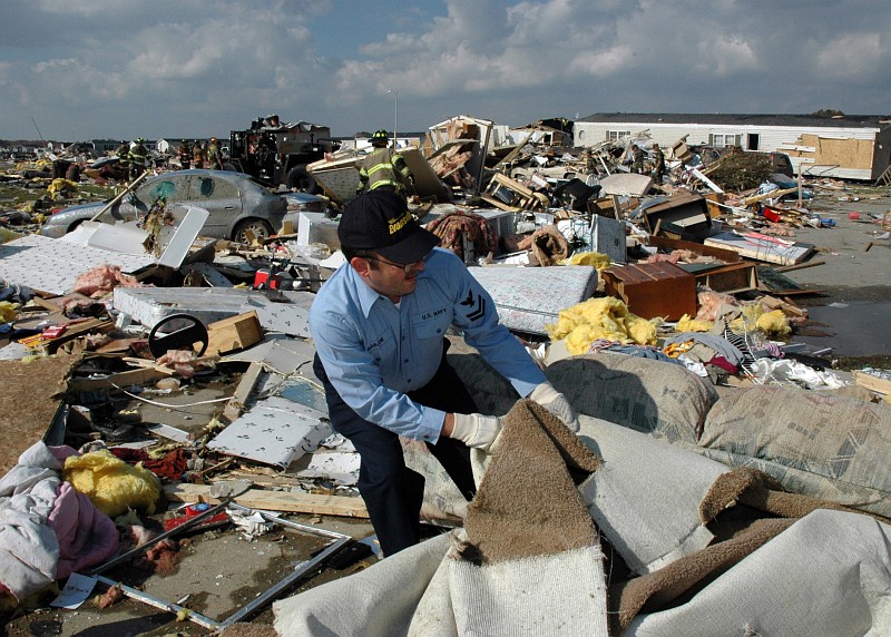 5. Search and rescue operation amidst the remains of a mobile home park destroyed by a powerful tornado. November 6, 2005, Evansville, State of Indiana, USA. Photo Credit: Photographer's Mate 2nd Class Joseph C. Garza, Navy NewsStand - Eye on the Fleet Photo Gallery (http://www.news.navy.mil/view_photos.asp, 051106-N-1755G-006), United States Navy (USN, http://www.navy.mil), United States Department of Defense (DoD, http://www.DefenseLink.mil or http://www.dod.gov), Government of the United States of America (USA).