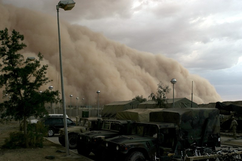 2. As Nightfall Approaches So Does a Very Powerful, Very Fast Desert Windstorm Accompanied by Huge Mountains of Sand, a Massive Sandstorm Which Will Reduce Visibility to Near Zero, April 27, 2005, Al Asad, Al Anbar Province, Al Jumhuriyah al Iraqiyah - Republic of Iraq. Photo Credit: Corporal Alicia M. Garcia, United States Marine Corps (USMC, http://www.usmc.mil); Navy NewsStand - Eye on the Fleet Photo Gallery (http://www.news.navy.mil/view_photos.asp, 050427-M-5607G-001), United States Navy (USN, http://www.navy.mil), United States Department of Defense (DoD, http://www.DefenseLink.mil or http://www.dod.gov), Government of the United States of America (USA).