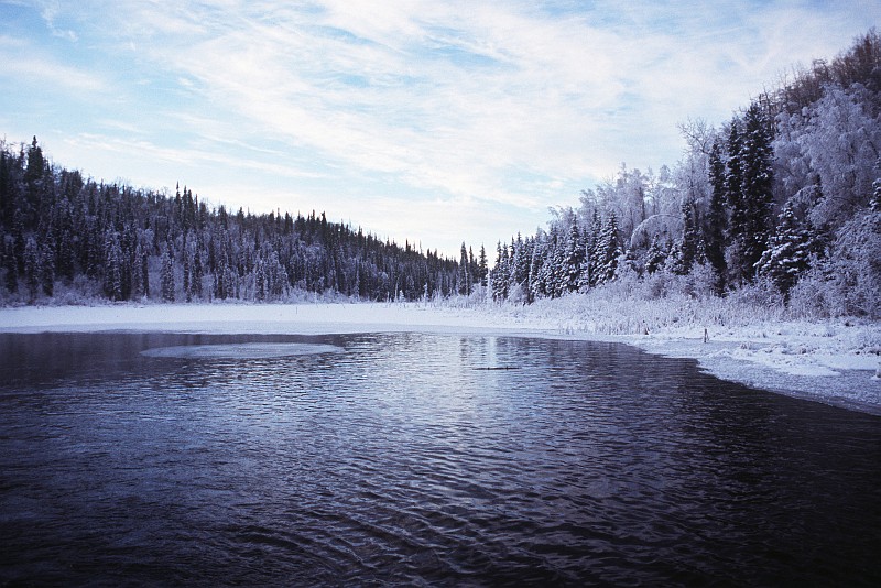Scenic Winter View of Six Mile Lake and Snow-Covered Trees, December 1995,  Elmendorf Air Force Base, State of Alaska, USA. Photo Credit: Master Sgt. Thomas Coaxum, United States Air Force; Defense Visual Information Center (DVIC, http://www.DoDMedia.osd.mil, DFST9804126 and F3707SPT960007 (U)) and United States Air Force (USAF, http://www.af.mil), United States Department of Defense (DoD, http://www.DefenseLink.mil or http://www.dod.gov), Government of the United States of America (USA).