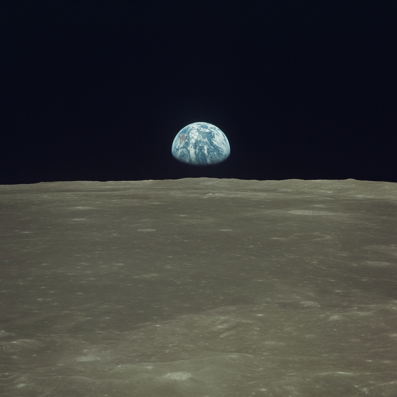 Planet Earth Above the Horizon of Earth's Moon, July 20, 1969, As Seen From the NASA Apollo 11 Spacecraft Orbiting the Moon. Photo Credit: NASA; AS11-44-6550, Earth rises over the lunar limb, Moon surface, Earthrise, Apollo 11 Spacecraft, Apollo XI Mission; Image Science and Analysis Laboratory, NASA-Johnson Space Center. 'Astronaut Photography of Earth - Display Record.' >http://eol.jsc.nasa.gov/scripts/sseop/photo.pl?mission=AS11&roll=44&frame=6550<; National Aeronautics and Space Administration (NASA, http://www.nasa.gov), Government of the United States of America (USA).