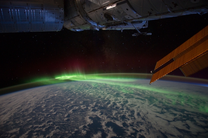 1. Stars, Earth's Airglow, Green and Red Aurora Australis, and Clouds Over the Indian Ocean, March 10, 2012 at 13:20:33 GMT, As Seen From the International Space Station (Expedition 30), Latitude (LAT): -45.3, Longitude (LON): 120.6, Altitude (ALT): 215 Nautical Miles, Sun Azimuth (AZI): 229 degrees, Sun Elevation Angle (ELEV): -29 degrees. Photo Credit: NASA; ISS030-E-130215, International Space Station (Expedition 30); Image Science and Analysis Laboratory, NASA-Johnson Space Center. 'The Gateway to Astronaut Photography of Earth.' <http://eol.jsc.nasa.gov/scripts/sseop/photo.pl?mission=ISS030&roll=E&frame=130215>; National Aeronautics and Space Administration (NASA, http://www.nasa.gov), Government of the United States of America (USA).