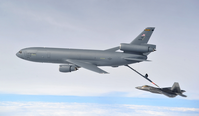 Exercise Razor Talon, USA: A U.S. Air Force KC-10 Extender Refuels A U.S. Air Force F-22A Raptor Stealth Fighter Jet On February 7, 2013. Photo Credit: Staff Sgt. Andy M. Kin, United States Air Force; 130207-F-KV470-248; United States Air Force (USAF, http://www.af.mil), United States Department of Defense (DoD, http://www.DefenseLink.mil or http://www.dod.gov), Government of the United States of America (USA).