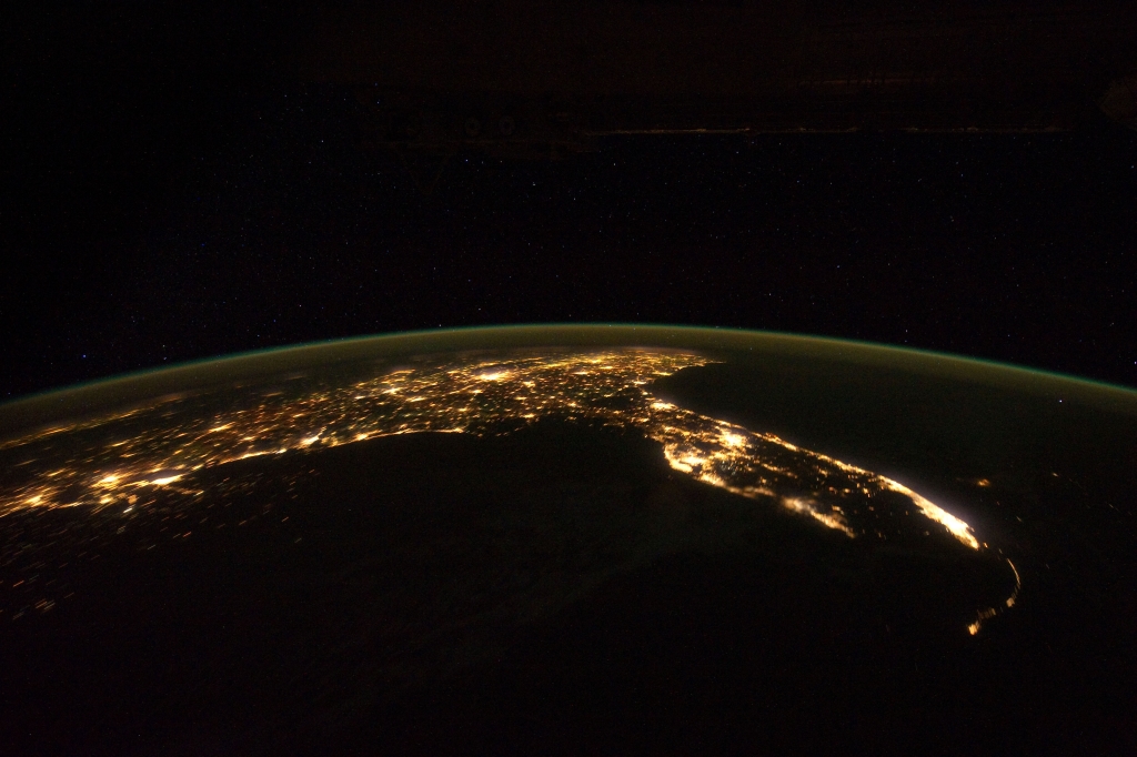 1. Space, Stars, Earth, and City Lights, State of Florida, United States of America, at Night, As Seen From the International Space Station (Expedition 30) on November 24, 2011 at 07:47:16 GMT, Latitude (LAT): 21.3, Longitude (LON): -87.0, Altitude (ALT): 204 Nautical Miles, Sun Azimuth (AZI): 95 degrees, Sun Elevation Angle (ELEV): -59 degrees. Photo Credit: NASA; ISS030-E-6077, International Space Station (Expedition 30); Earth Science and Remote Sensing Unit, NASA-Johnson Space Center. "The Gateway to Astronaut Photography of Earth." <http://eol.jsc.nasa.gov/scripts/sseop/photo.pl?mission=ISS030&roll=E&frame=6077>; National Aeronautics and Space Administration (NASA, http://www.nasa.gov), Government of the United States of America (USA).