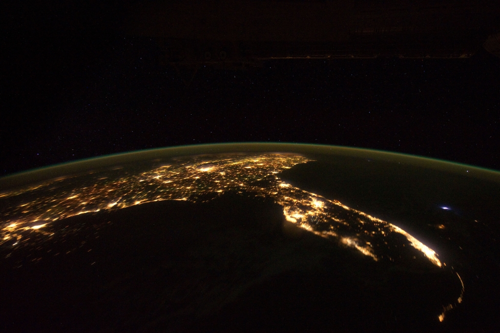 2. Space, Stars, Earth, Lightning, and City Lights, State of Florida, United States of America, at Night, As Seen From the International Space Station (Expedition 30) on November 24, 2011 at 07:47:31 GMT, Latitude (LAT): 22.0, Longitude (LON): -86.3, Altitude (ALT): 204 Nautical Miles, Sun Azimuth (AZI): 94 degrees, Sun Elevation Angle (ELEV): -58 degrees. Photo Credit: NASA; ISS030-E-6082, International Space Station (Expedition 30); Earth Science and Remote Sensing Unit, NASA-Johnson Space Center. "The Gateway to Astronaut Photography of Earth." <http://eol.jsc.nasa.gov/scripts/sseop/photo.pl?mission=ISS030&roll=E&frame=6082>; National Aeronautics and Space Administration (NASA, http://www.nasa.gov), Government of the United States of America (USA).