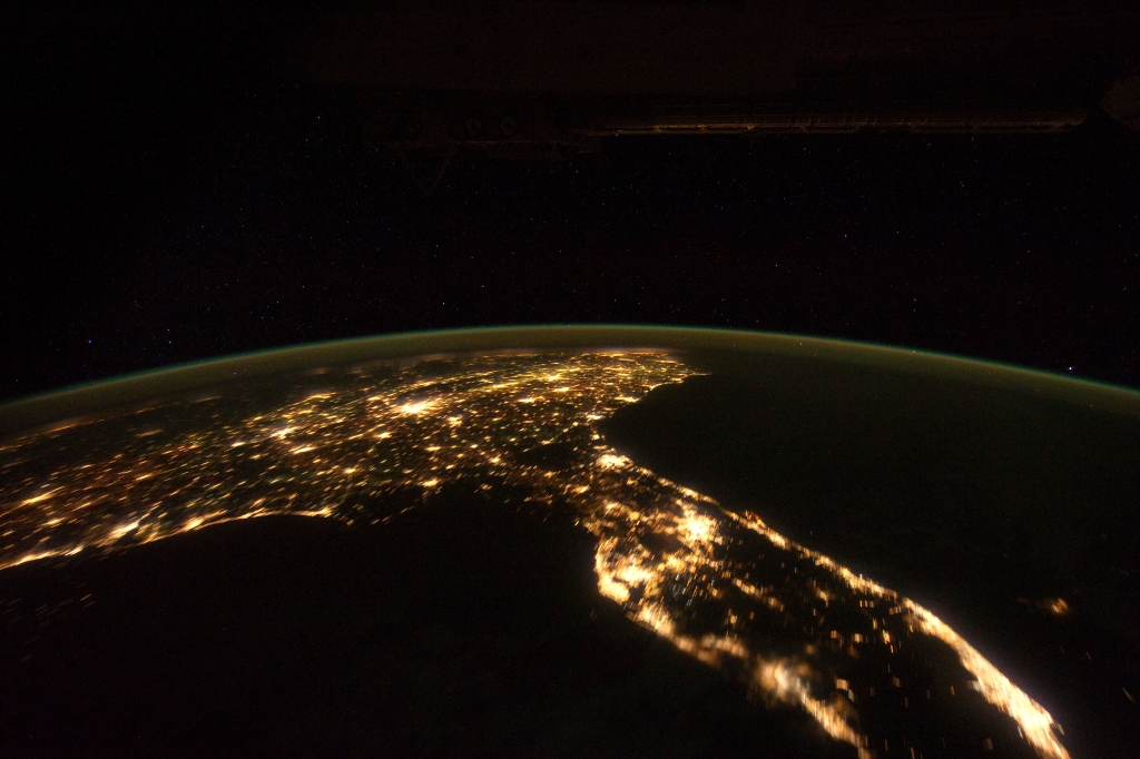 3. Space, Stars, Earth, and City Lights, State of Florida, United States of America, at Night, As Seen From the International Space Station (Expedition 30) on November 24, 2011 at 07:47:58 GMT, Latitude (LAT): 23.3, Longitude (LON): -85.2, Altitude (ALT): 204 Nautical Miles, Sun Azimuth (AZI): 92 degrees, Sun Elevation Angle (ELEV): -57 degrees. Photo Credit: NASA; ISS030-E-6091, International Space Station (Expedition 30); Earth Science and Remote Sensing Unit, NASA-Johnson Space Center. "The Gateway to Astronaut Photography of Earth." <http://eol.jsc.nasa.gov/scripts/sseop/photo.pl?mission=ISS030&roll=E&frame=6091>; National Aeronautics and Space Administration (NASA, http://www.nasa.gov), Government of the United States of America (USA).
