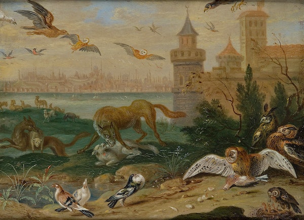 Painting of animals in landscape by Van Kessel