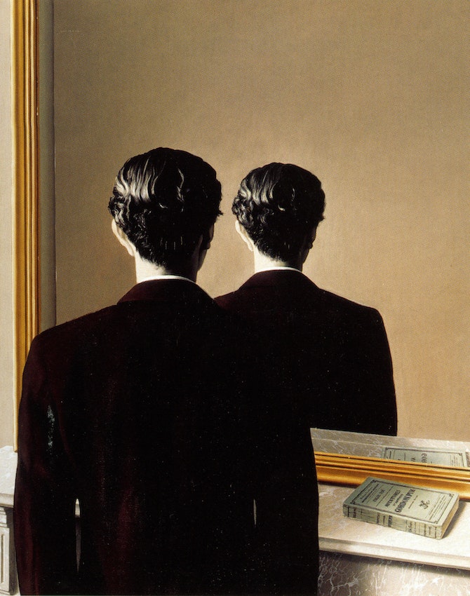 A man’s back is to the viewer with a copy of Pym on a shelf and the same image is reproduced in a mirror