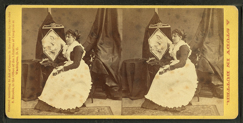 File:Caroline S. Brooks and her sculpture in butter during a public exhibition at Armory Hall in 1877, from Robert N. Dennis collection of stereoscopic views.jpg