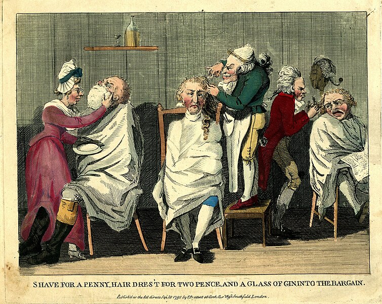 File:Shave for a penny, hair dres't for two pence, and a glass of gin into the bargain (1793).jpg