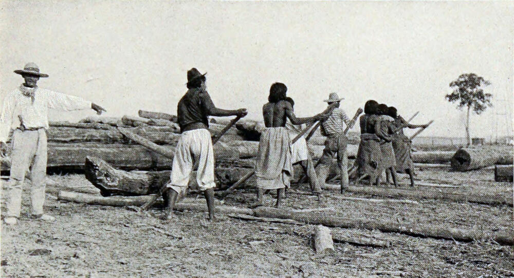 A photograph of a group of men moving large logs on wooden rails.