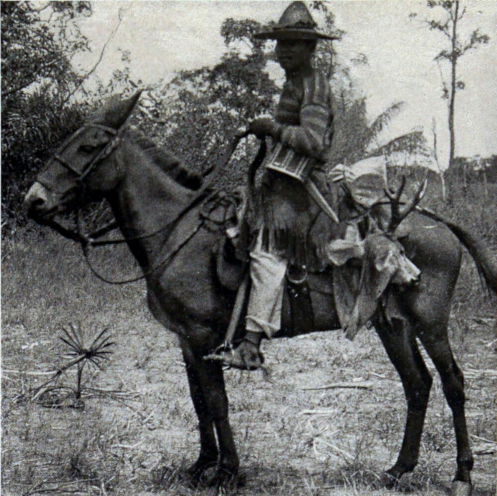 A photograph of a man sitting on a horse, with the body of a horned, furry animal draped across the horse behind the saddle.