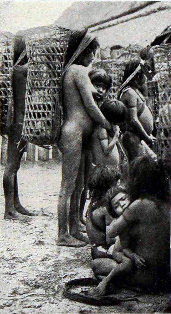 A photograph of several unclothed native women and children. The women are carrying woven baskets on their backs.