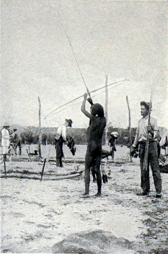 A photograph of a native man standing on sandy ground, holding a bow and very long arrow up to the left at a 45 dergree angle. Three white men and two other native men are standing nearby.