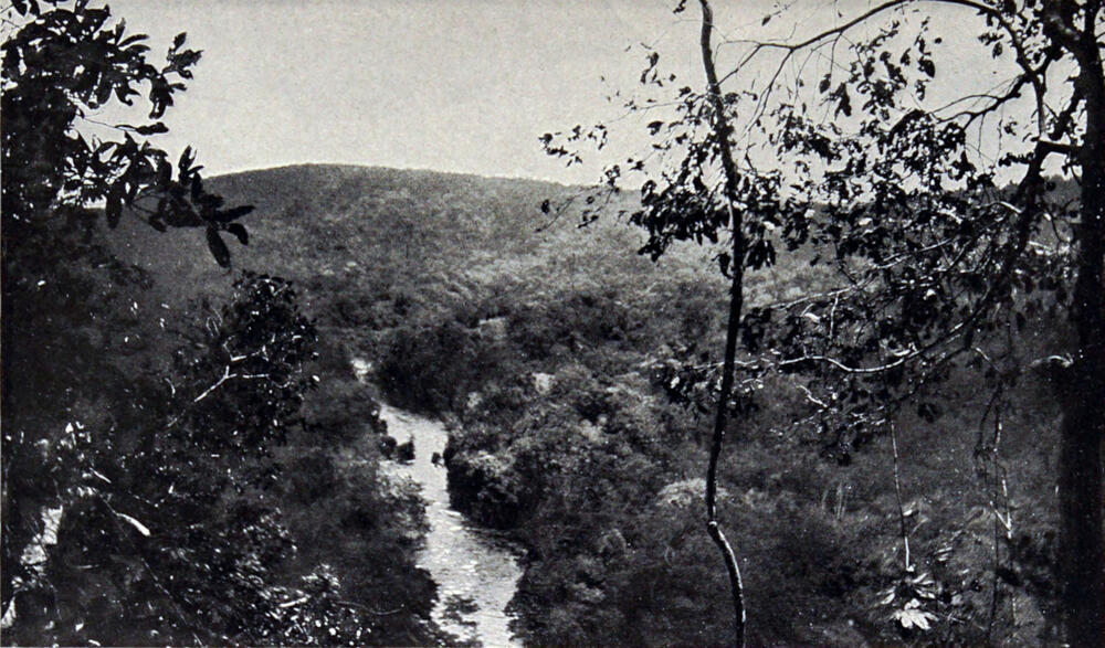 A photograph of a river, with mountains in the distance.