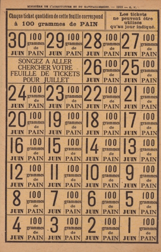 Planche mensuelle de tickets de pain pour juin 1918