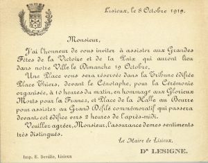 Invitation tribune  officielle Ftes de la Victoire et de la Paix Lisieux 19 octobre 1919.