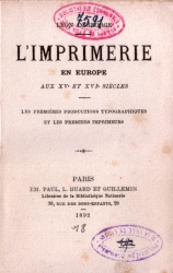 L'imprimerie en Europe aux XVe et XVI sicles (p. de titre)