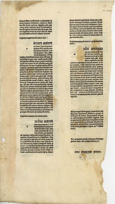 De mineralibus / Albertus Magnus [St Albert le Grand (1193-1280)].- Padua [Padoue] : Petrus Maufer pour Antonius de Albricis, 1476.