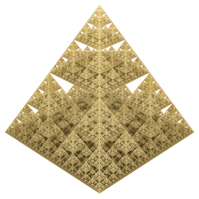 Computer-generated image of a Sierpiński pyramid with a gold like shader