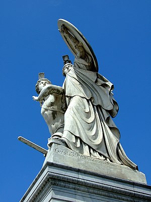 Athena protects the young hero (Der unter dem Schutze Pallas Athenes zum Kampf ausfallende Krieger) by Gustav Blaeser 1854