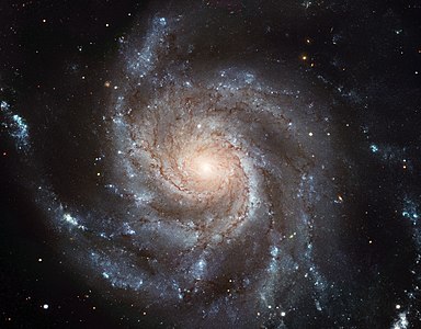 "Messier 101 (M101, also known as NGC 5457 and also nicknamed the Pinwheel Galaxy) lies in the northern circumpolar constellation, Ursa Major (The Great Bear), at a distance of about 21 million light-years from Earth. This is one of the largest and most detailed photo of a spiral galaxy that has been released from Hubble. The galaxy's portrait is actually composed of 51 individual Hubble exposures, in addition to elements from images from ground-based photos."