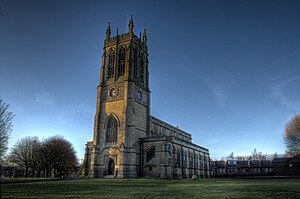 A HDR composite image of the (finished in) 1871 Church of St Thomas and St Paul in Radcliffe, Greater Manchester, England. Composed of three exposures, two F stops apart, on a Canon 20D with 18-55mm lens. The image is taken late in the day with the sun low on the horizon.