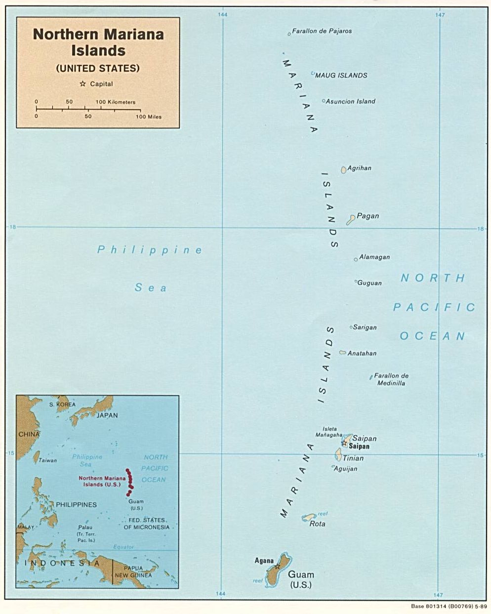 Map of the Commonwealth of the Northern Mariana Islands (Political), 1989. Courtesy of, The World Factbook (http://cia.gov/cia/publications/factbook) or CIA Maps and Publications Released to the Public (http://www.cia.gov/cia/publications/mapspub), Central Intelligence Agency (CIA), Government of the United States of America (USA); and the Perry-Castaeda Map Collection (http://www.lib.utexas.edu/maps), Perry-Castaeda Library, The General Libraries, University of Texas at Austin, Austin, Texas, USA.