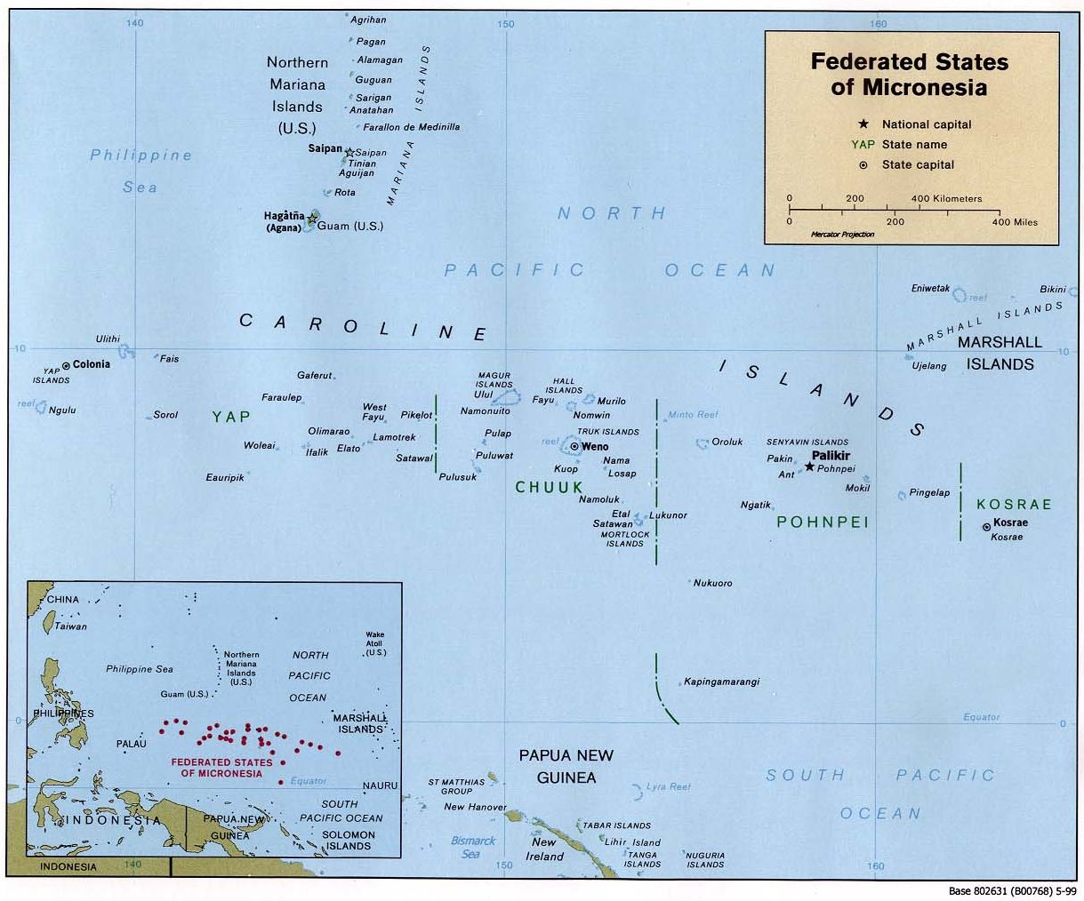 Map of the Federated States of Micronesia (Political), 1999. Courtesy of, The World Factbook (http://cia.gov/cia/publications/factbook) or CIA Maps and Publications Released to the Public (http://www.cia.gov/cia/publications/mapspub), Central Intelligence Agency (CIA), Government of the United States of America (USA); and the Perry-Castaeda Map Collection (http://www.lib.utexas.edu/maps), Perry-Castaeda Library, The General Libraries, University of Texas at Austin, Austin, Texas, USA.