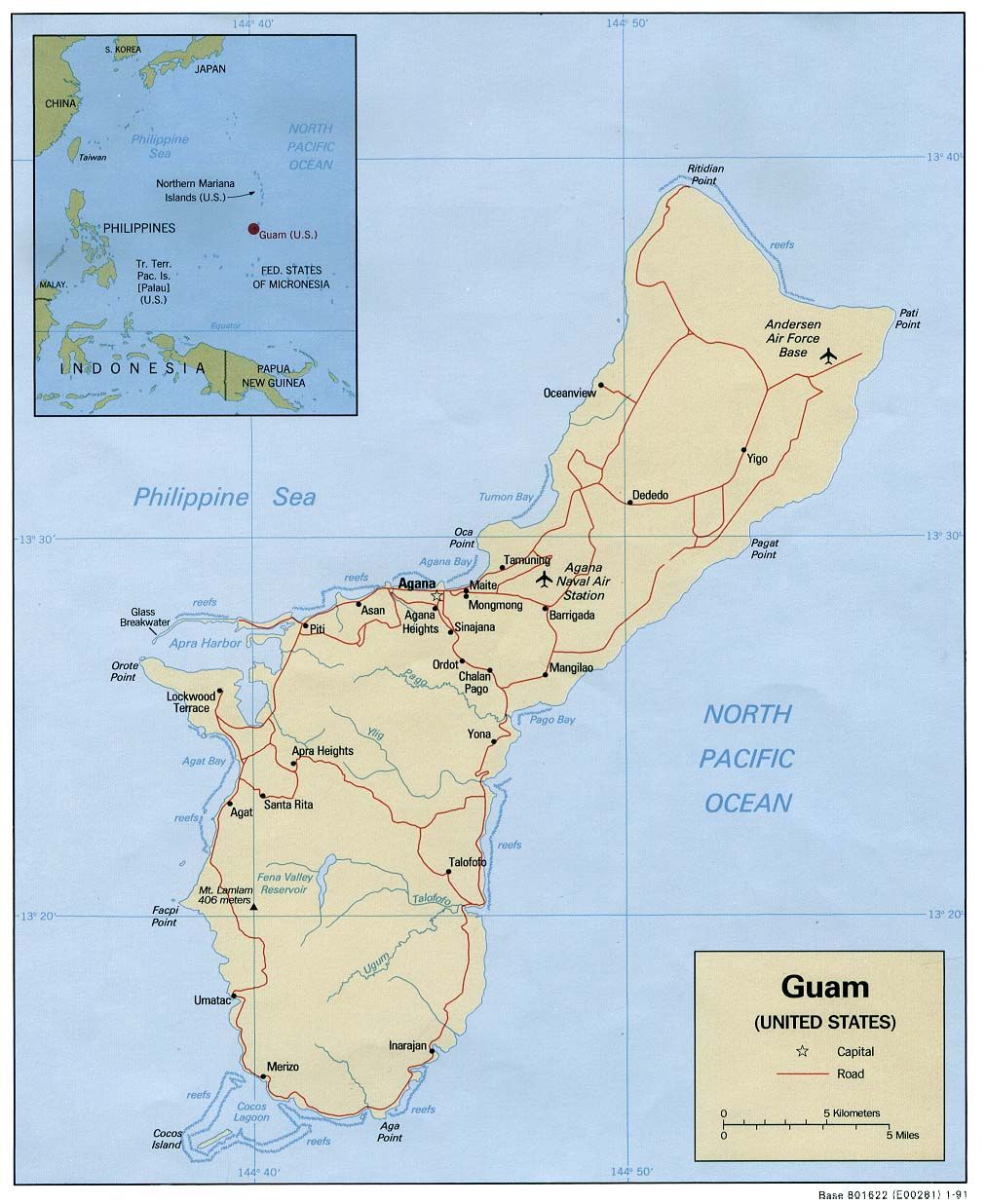 Map of Guåhan - Guam (Political), 1991. Courtesy of, The World Factbook (http://cia.gov/cia/publications/factbook) or CIA Maps and Publications Released to the Public (http://www.cia.gov/cia/publications/mapspub), Central Intelligence Agency (CIA), Government of the United States of America (USA); and the Perry-Castaeda Map Collection (http://www.lib.utexas.edu/maps), Perry-Castaeda Library, The General Libraries, University of Texas at Austin, Austin, Texas, USA.