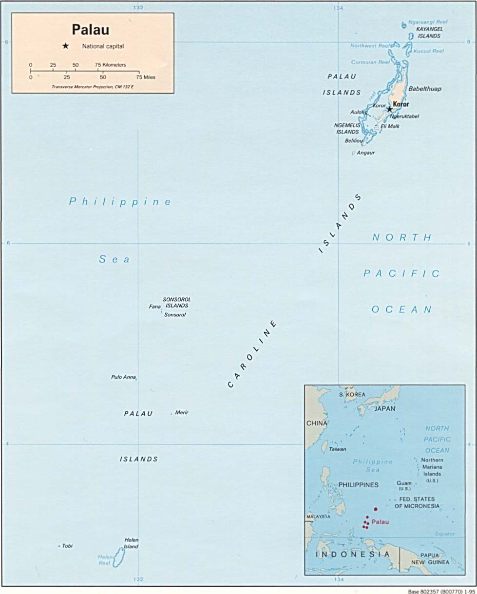 Map of Beluu er a Belau, the Republic of Palau, (Political), 1995. Courtesy of, The World Factbook (http://cia.gov/cia/publications/factbook) or CIA Maps and Publications Released to the Public (http://www.cia.gov/cia/publications/mapspub), Central Intelligence Agency (CIA), Government of the United States of America (USA); and the Perry-Castañeda Map Collection (http://www.lib.utexas.edu/maps), Perry-Castaeda Library, The General Libraries, University of Texas at Austin, Austin, Texas, USA.